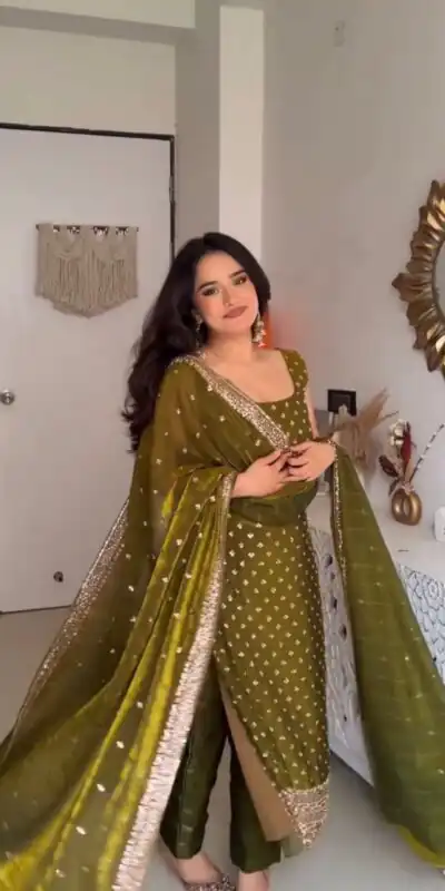 ZSR 3163 Mehendi Mehendi Fendy Silk Salwar Suit with Mirror Work & Embroidery Work. Best Price ₹2099. Delivery 4-6 Working Days. Shop now. | Casual Suits, Jump Suits, Creative suits, Designer Suits, Palazzo Suits, Party Wear Suits, Patiala Suits, Salwar suit, Straight Suits