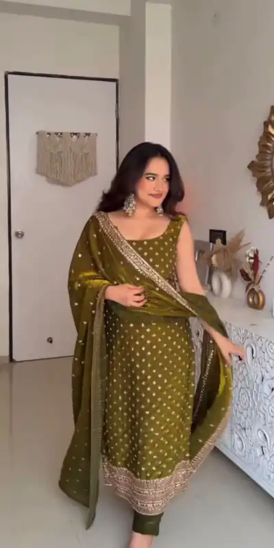 ZSR 3163 Mehendi Mehendi Fendy Silk Salwar Suit with Mirror Work & Embroidery Work. Best Price ₹2099. Delivery 4-6 Working Days. Shop now. | Casual Suits, Jump Suits, Creative suits, Designer Suits, Palazzo Suits, Party Wear Suits, Patiala Suits, Salwar suit, Straight Suits