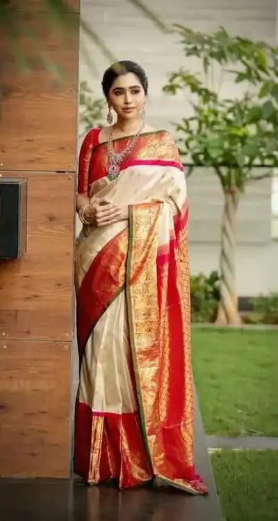 KPR 273 Off White Soft Lichi Silk Saree Perfect for Wedding, Party, Reception, Diwali, Ethnic Day – . Affordable Price ₹1449. Delivery 4-6 Working Days. | Creative Sarees, Bollywood Sarees, Designer Sarees, Embroidered Sarees, Ethnic Saree, Modern Digital sarees, Party Wear Sarees, Sarees