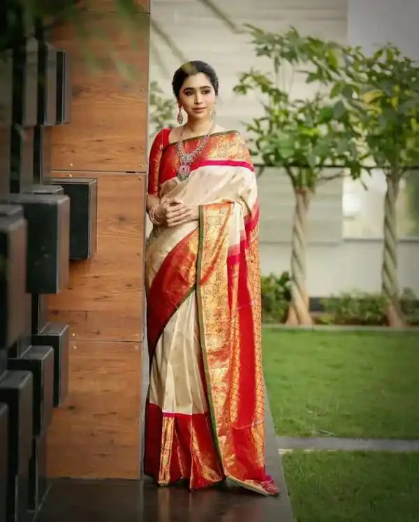 KPR 273 Off White Soft Lichi Silk Saree Perfect for Wedding, Party, Reception, Diwali, Ethnic Day – . Affordable Price ₹1449. Delivery 4-6 Working Days. | Creative Sarees, Bollywood Sarees, Designer Sarees, Embroidered Sarees, Ethnic Saree, Modern Digital sarees, Party Wear Sarees, Sarees