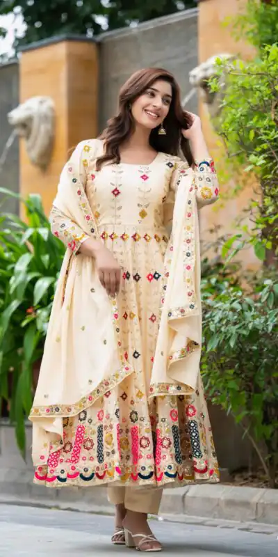 NF 1234 Cream Chinon Silk Anarkali Suit with Cut Work & Embroidery Work. Now at just ₹2599. Delivery 4-6 Working Days. Shop now. | Anarkali Suits, Bollywood Anarkali, Creative-Anarkali, Designer Anarkali, Embroidered Anarkali, Party Wear Anarkali