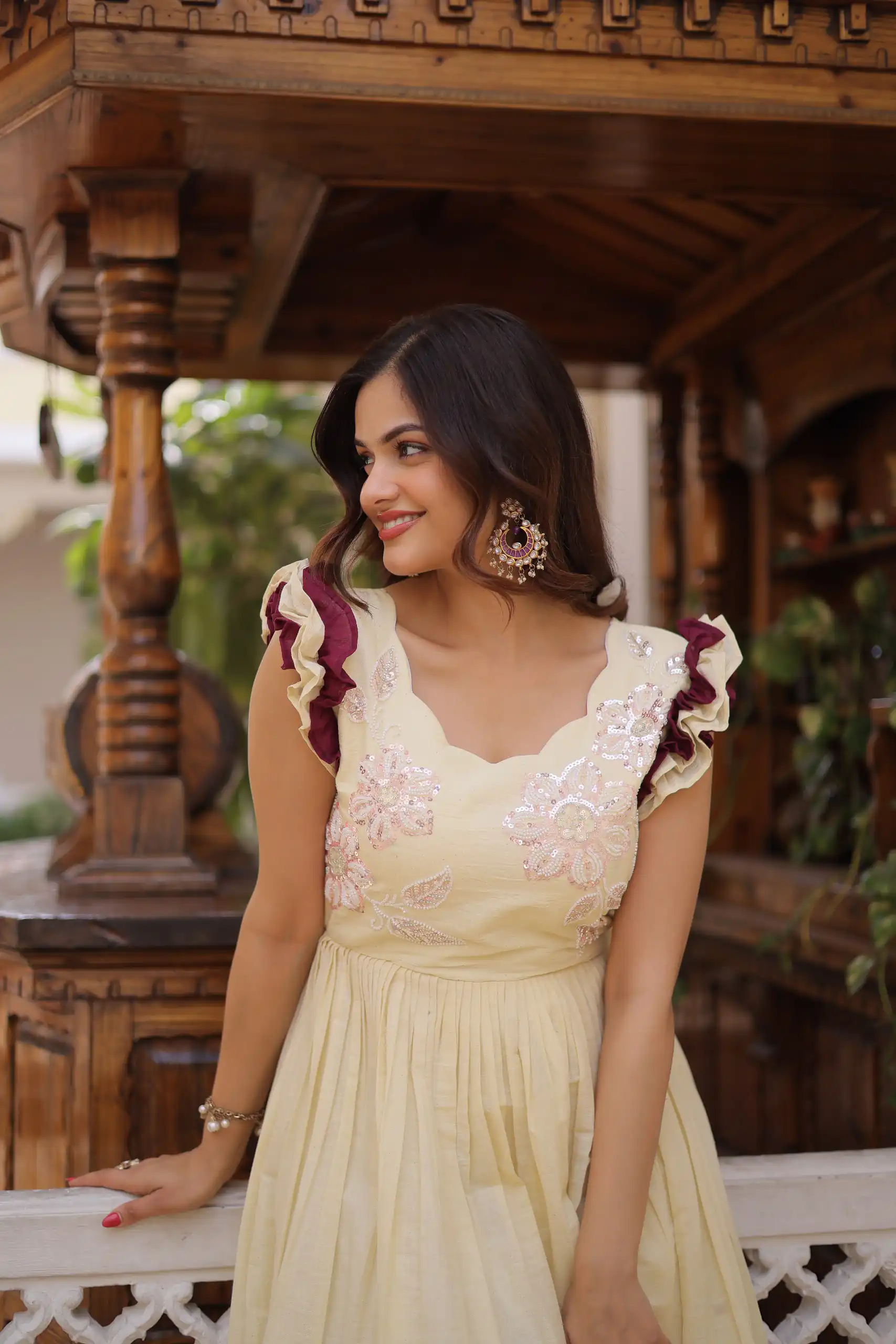 KA 1234 Cream Color Cotton Gown with Sequins Work & Embroidery Work. Festive Deal ₹1819. Delivery 4-6 Working Days. Shop now. | Bollywood Gowns, Creative Gowns, Designer Gowns, Embroidered Gowns, Gowns, Party Wear Gowns