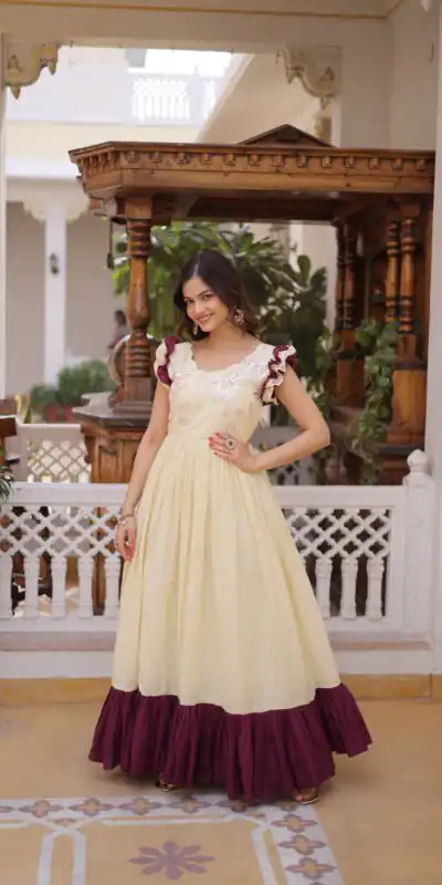 KA 1234 Cream Color Cotton Gown with Sequins Work & Embroidery Work. Festive Deal ₹1819. Delivery 4-6 Working Days. Shop now. | Bollywood Gowns, Creative Gowns, Designer Gowns, Embroidered Gowns, Gowns, Party Wear Gowns