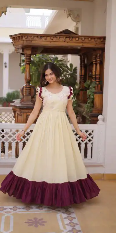 KA 1234 Cream Color Cotton Gown with Sequins Work & Embroidery Work. Festive Deal ₹1819. Delivery 4-6 Working Days. Shop now. | Bollywood Gowns, Creative Gowns, Designer Gowns, Embroidered Gowns, Gowns, Party Wear Gowns