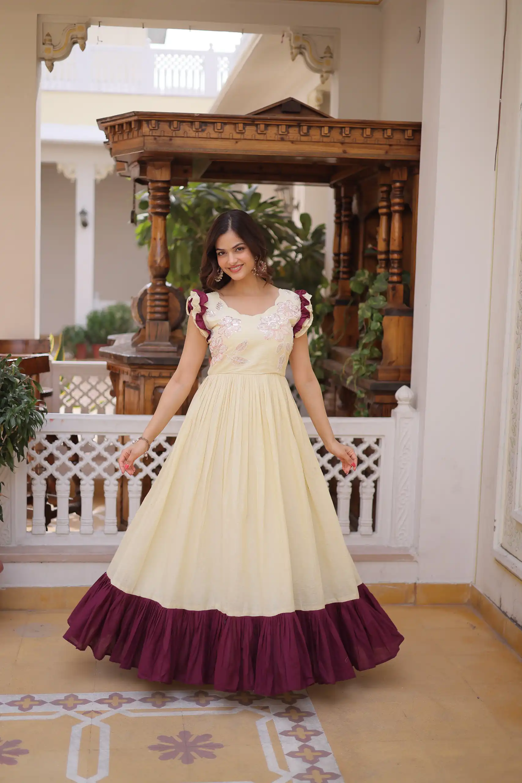 KA 1234 Cream Color Cotton Gown with Sequins Work & Embroidery Work. Festive Deal ₹1819. Delivery 4-6 Working Days. Shop now. | Bollywood Gowns, Creative Gowns, Designer Gowns, Embroidered Gowns, Gowns, Party Wear Gowns