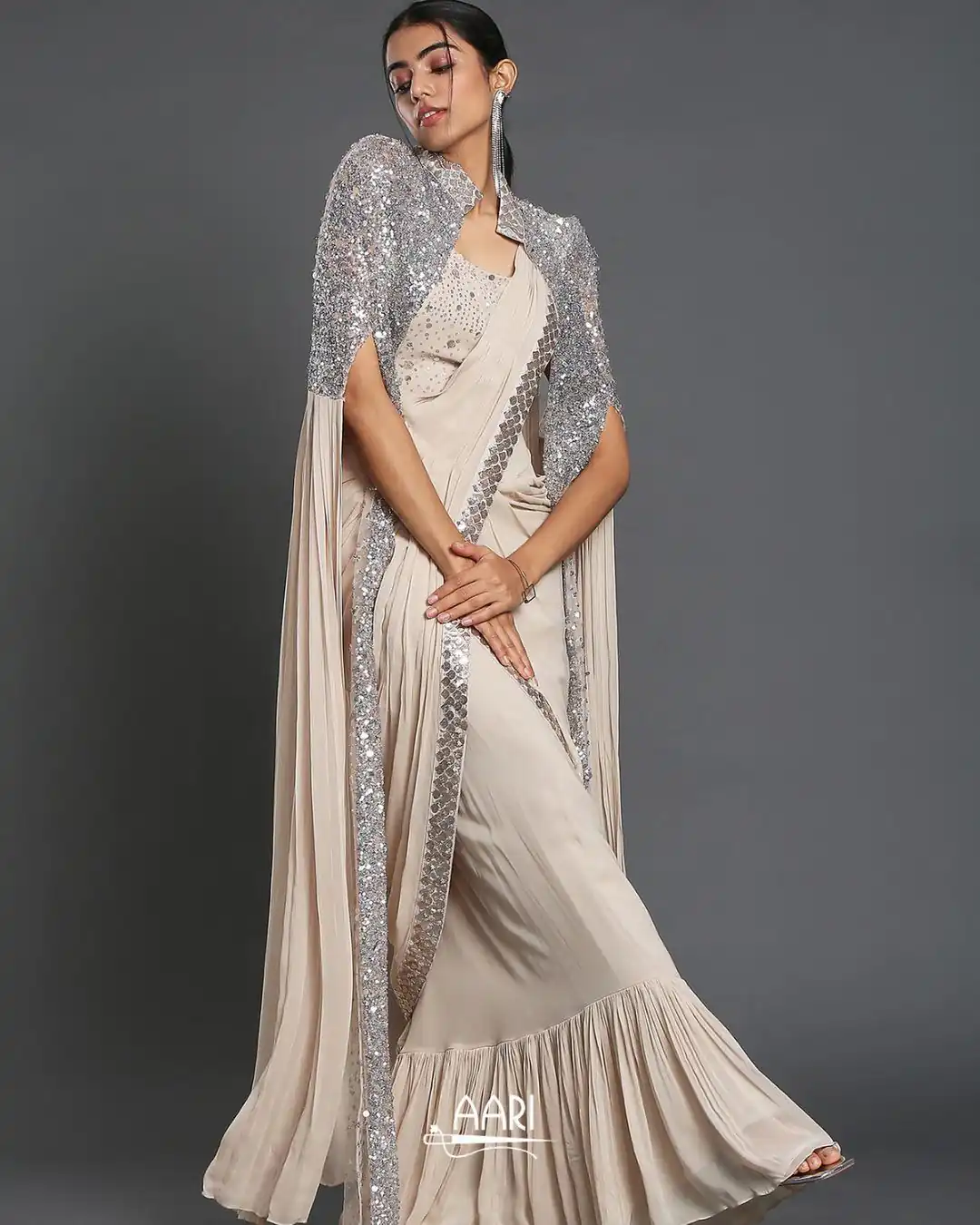 Cream Georgette Sequence Work Frill Saree - Image 4