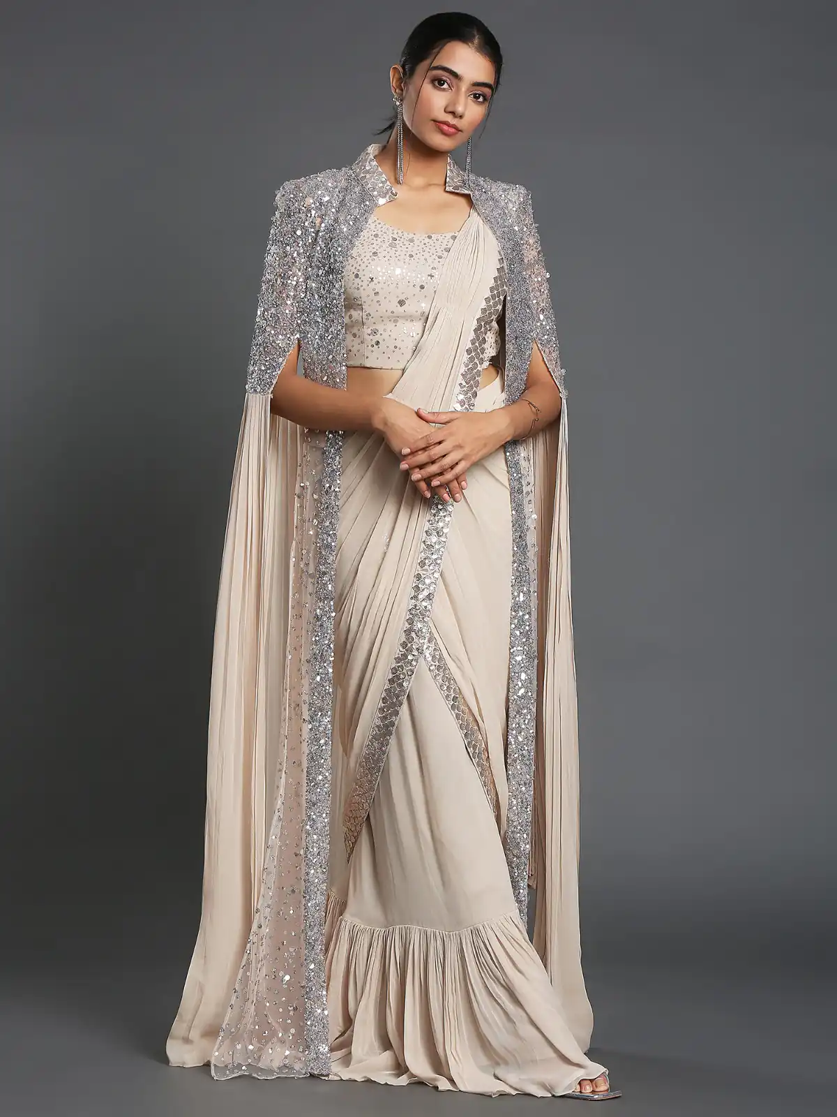 KT 310 Cream Color Georgette Sequence Beautiful Frill Saree Casual, Party Wear, Wedding   Expected Delivery 4-6 Working Days@2174/- | Creative Sarees, Bollywood Sarees, Designer Sarees, Embroidered Sarees, Ethnic Saree, Modern Digital sarees, Party Wear Sarees, Sarees