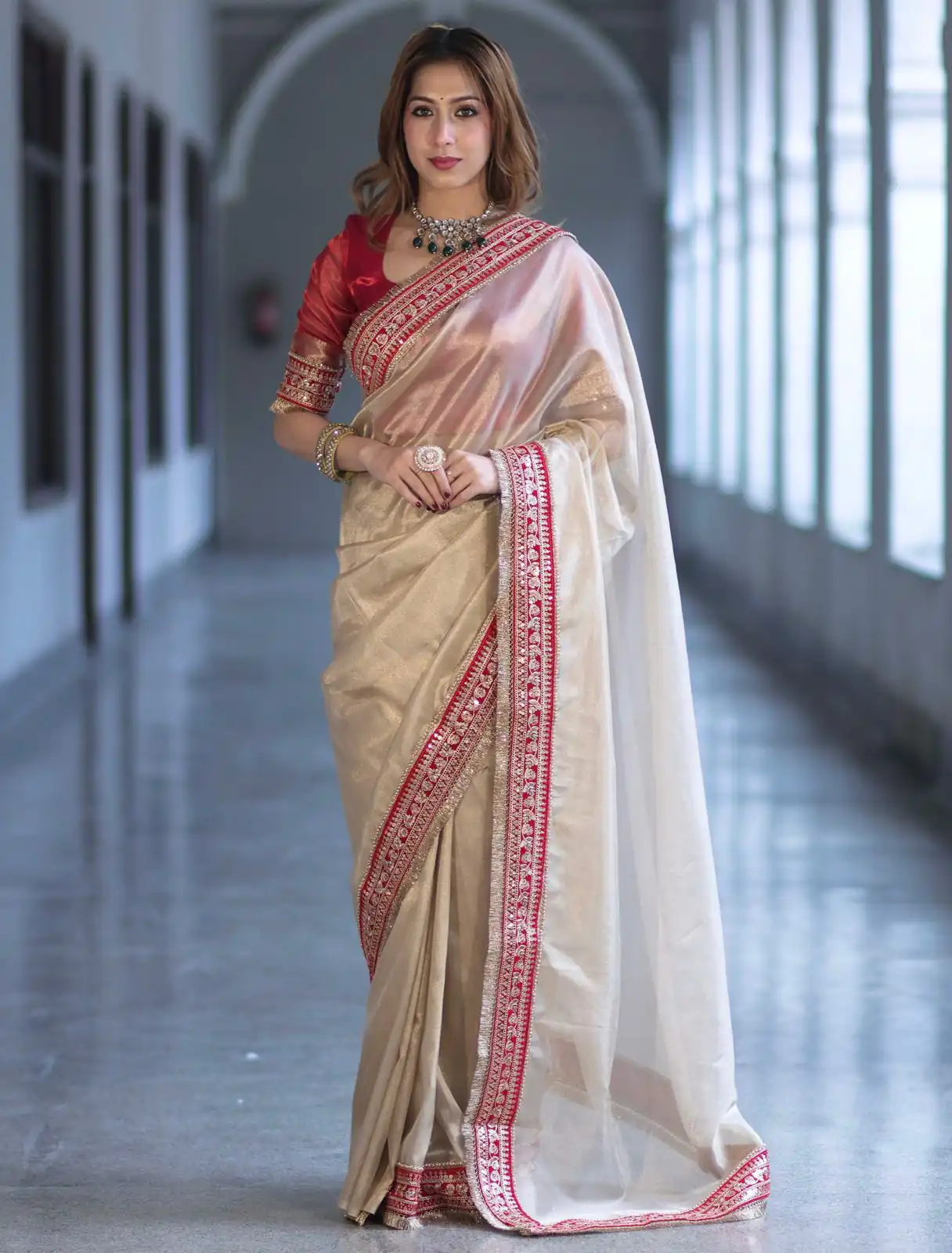 Cream Soft Twil Net Embroidery Work Saree - Image 6