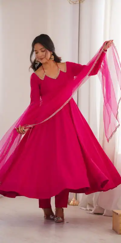KB 293 Dark Pink Soft Nylon Net Anarkali Suit with Mirror Work & Lace Work. Get it for ₹1999. Delivery 4-6 Working Days. Shop now. | Anarkali Suits, Bollywood Anarkali, Creative-Anarkali, Designer Anarkali, Embroidered Anarkali, Party Wear Anarkali