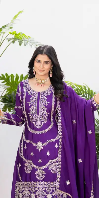 ND 5033 Dark Purple Chinon Silk Salwar Suit with Embroidery Work & Lace Work. Affordable Price ₹2149. Delivery 4-6 Working Days. Shop now. | Casual Suits, Jump Suits, Creative suits, Designer Suits, Palazzo Suits, Party Wear Suits, Patiala Suits, Salwar suit, Straight Suits