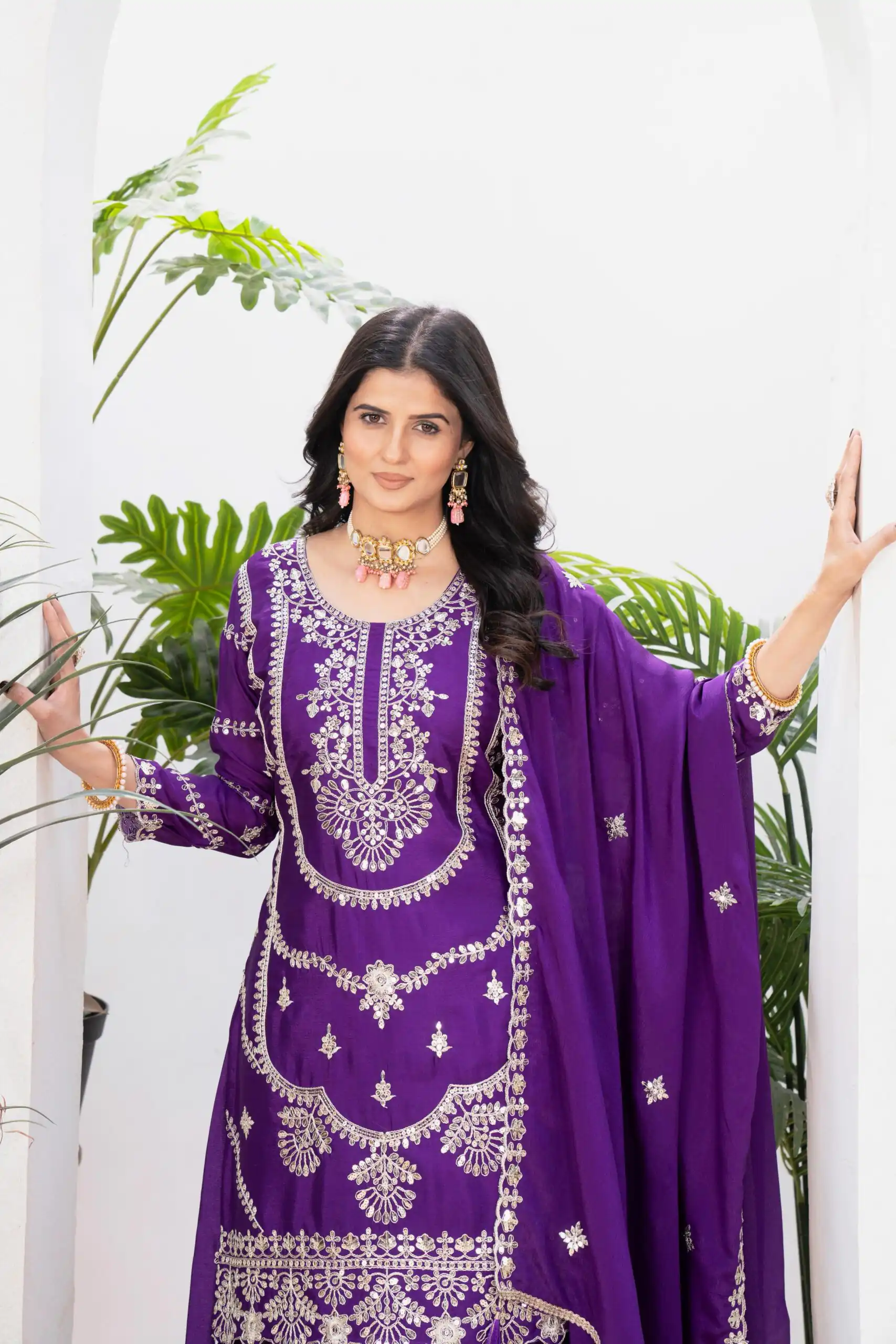 ND 5033 Dark Purple Chinon Silk Salwar Suit with Embroidery Work & Lace Work. Affordable Price ₹2149. Delivery 4-6 Working Days. Shop now. | Casual Suits, Jump Suits, Creative suits, Designer Suits, Palazzo Suits, Party Wear Suits, Patiala Suits, Salwar suit, Straight Suits