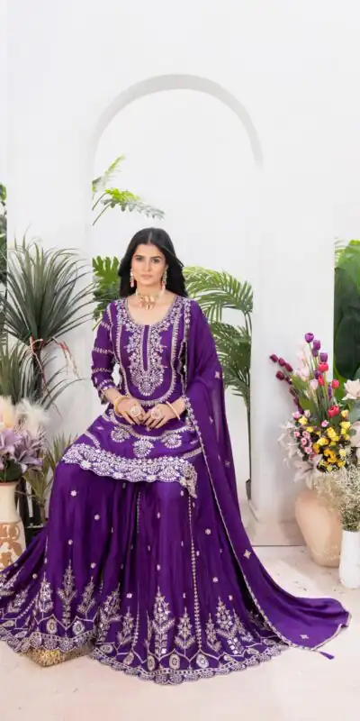 ND 5033 Dark Purple Chinon Silk Salwar Suit with Embroidery Work & Lace Work. Affordable Price ₹2149. Delivery 4-6 Working Days. Shop now. | Casual Suits, Jump Suits, Creative suits, Designer Suits, Palazzo Suits, Party Wear Suits, Patiala Suits, Salwar suit, Straight Suits
