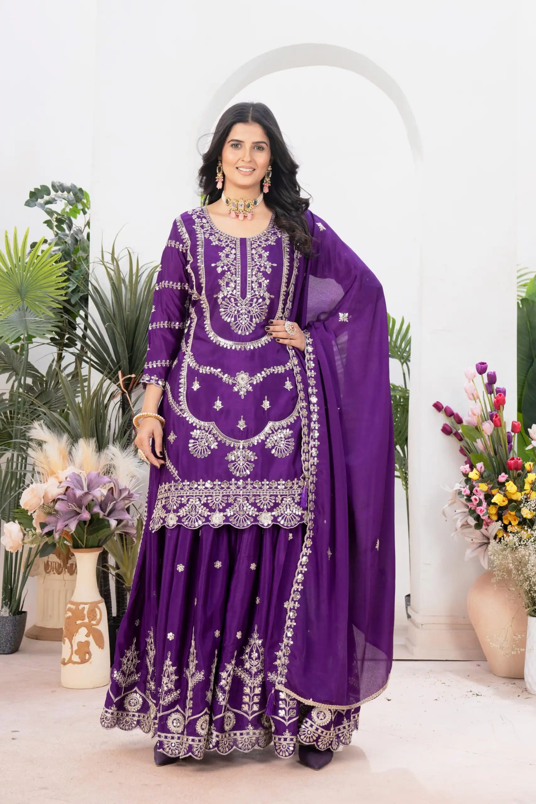 ND 5033 Dark Purple Chinon Silk Salwar Suit with Embroidery Work & Lace Work. Affordable Price ₹2149. Delivery 4-6 Working Days. Shop now. | Casual Suits, Jump Suits, Creative suits, Designer Suits, Palazzo Suits, Party Wear Suits, Patiala Suits, Salwar suit, Straight Suits