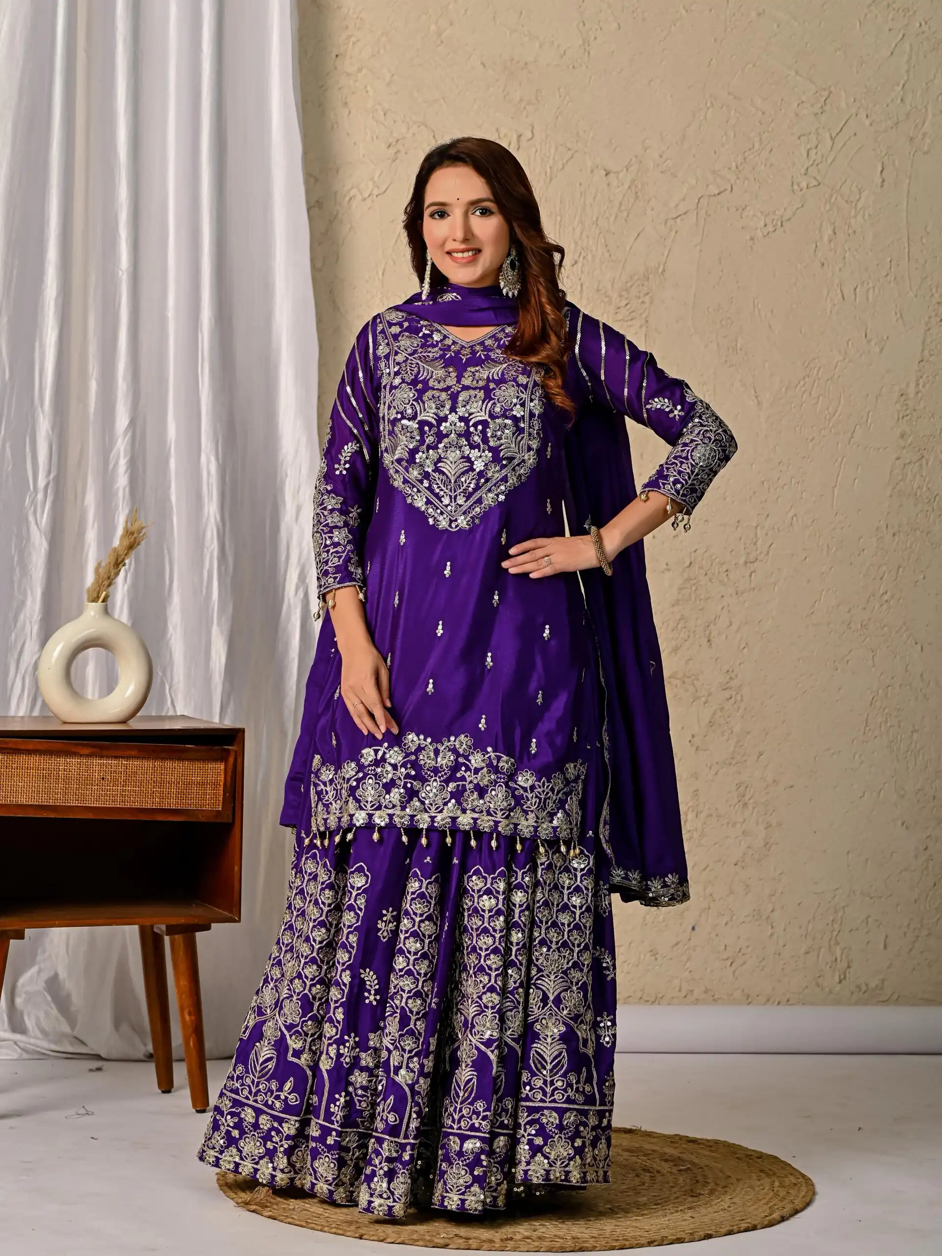 NF 1245 Dark Purple Chinon Silk Lehenga Choli with Embroidery Work & Zari Work. Now at just ₹2449. Delivery 4-6 Working Days. Shop now. | Bollywood Lehenga, Creative Lehenga, Designer Lehenga, Embroidered Lehenga, Lehenga, Party Wear Lehenga
