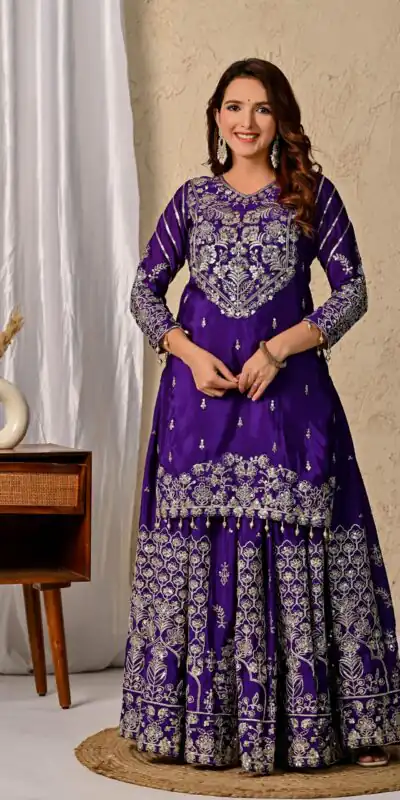 NF 1245 Dark Purple Chinon Silk Lehenga Choli with Embroidery Work & Zari Work. Now at just ₹2449. Delivery 4-6 Working Days. Shop now. | Bollywood Lehenga, Creative Lehenga, Designer Lehenga, Embroidered Lehenga, Lehenga, Party Wear Lehenga