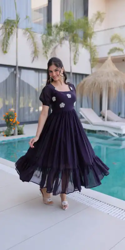 KA 1224 Dark Purple Color Fendi Silk Gown with Embroidery Work & Bead Work. Get it for ₹1769. Delivery 4-6 Working Days. Shop now. | Bollywood Gowns, Creative Gowns, Designer Gowns, Embroidered Gowns, Gowns, Party Wear Gowns