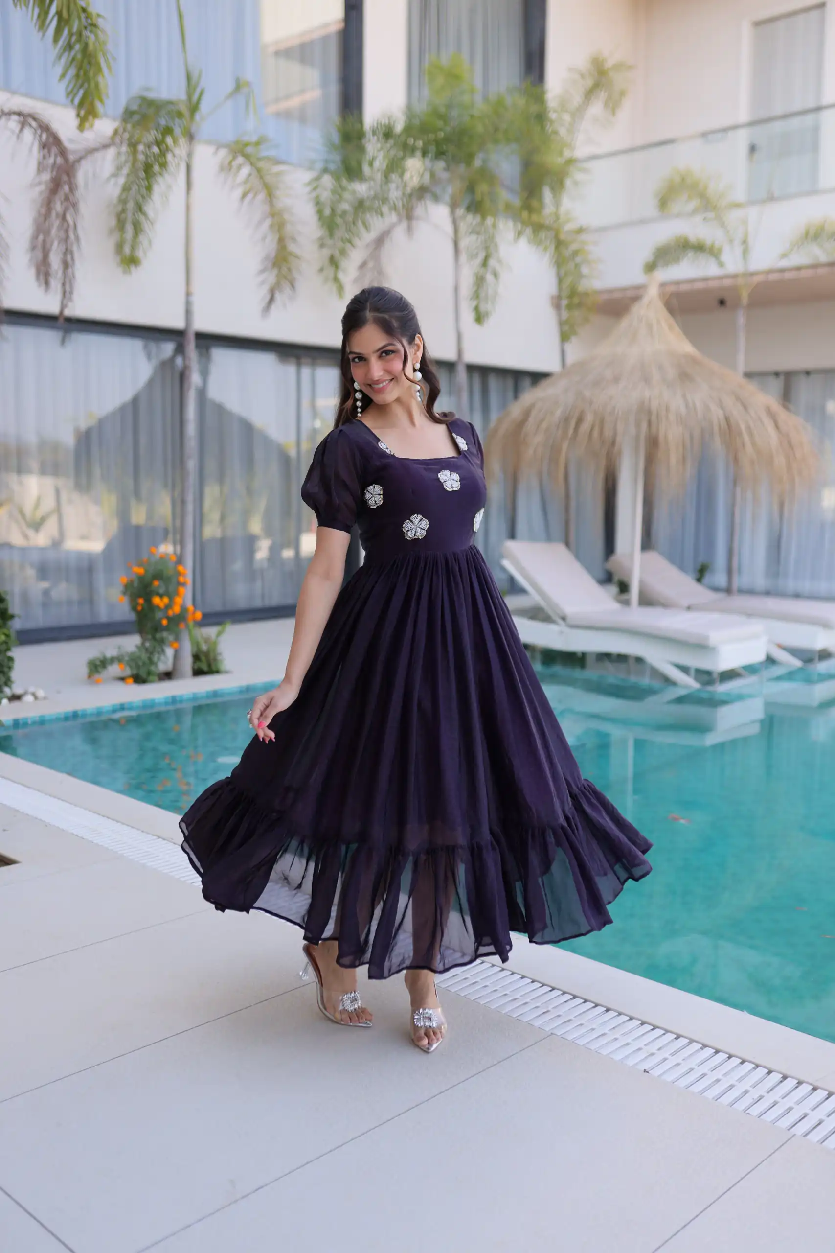 KA 1224 Dark Purple Color Fendi Silk Gown with Embroidery Work & Bead Work. Get it for ₹1769. Delivery 4-6 Working Days. Shop now. | Bollywood Gowns, Creative Gowns, Designer Gowns, Embroidered Gowns, Gowns, Party Wear Gowns