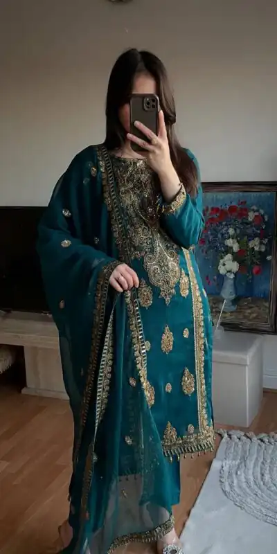 MD 3042 Teal Chinon Silk Salwar Suit with Embroidery Work & Lace Work. Affordable Price ₹2049. Delivery 4-6 Working Days. Shop now. | Casual Suits, Jump Suits, Creative suits, Designer Suits, Palazzo Suits, Party Wear Suits, Patiala Suits, Salwar suit, Straight Suits