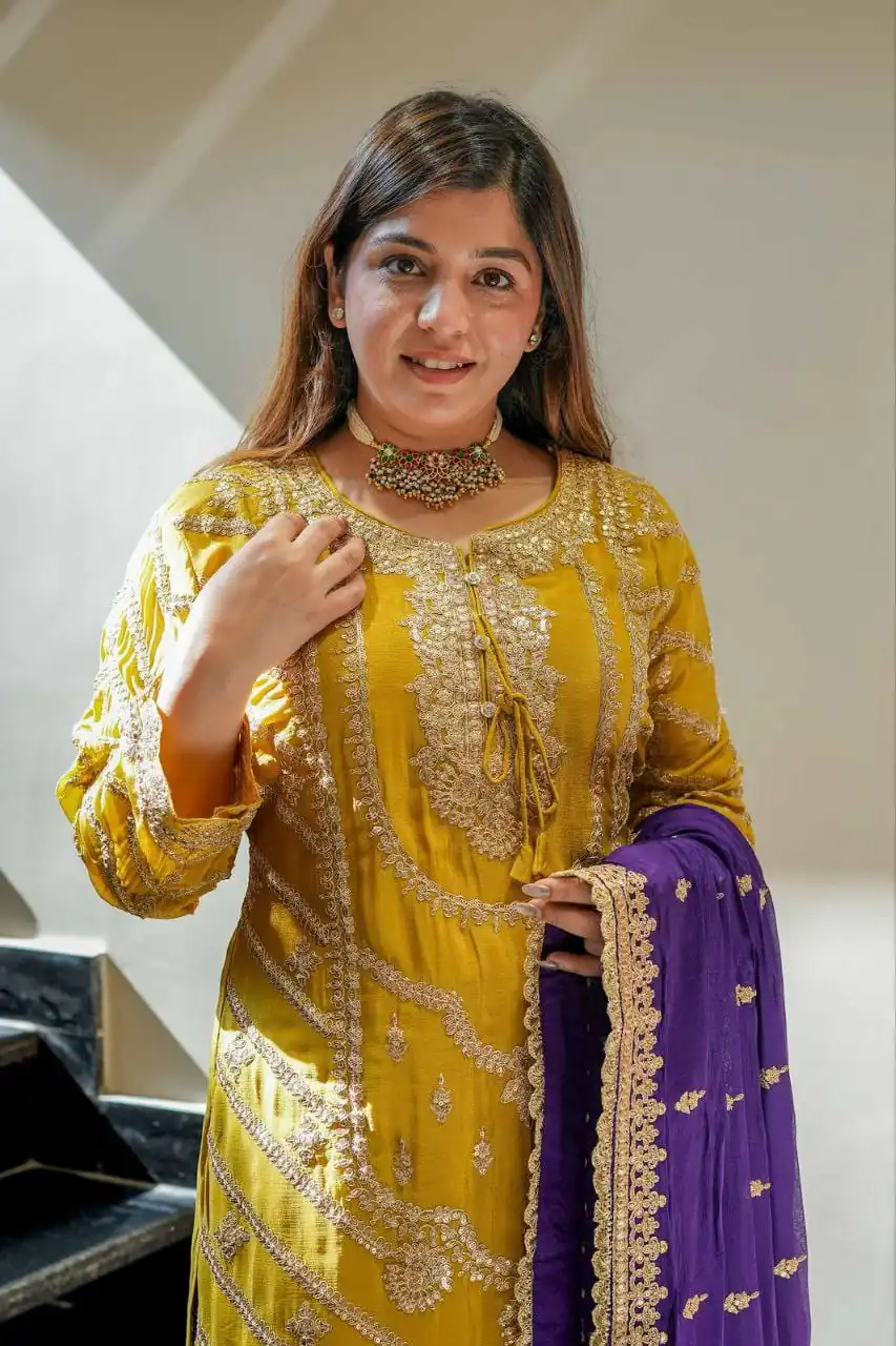 ZS 7001 Yellow Chinon Silk Salwar Suit with Embroidery Work & Lace Work. Affordable Price ₹2499. Delivery 4-6 Working Days. Shop now. | Casual Suits, Jump Suits, Creative suits, Designer Suits, Palazzo Suits, Party Wear Suits, Patiala Suits, Salwar suit, Straight Suits