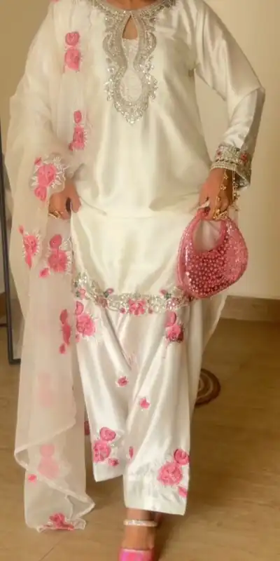 MD 3081 Off White Japan Satin Salwar Suit Perfect for Wedding, Party, Durga Puja, Traditional Day, Temple Visit – . Introductory Price ₹2549. Deli | Casual Suits, Jump Suits, Creative suits, Designer Suits, Palazzo Suits, Party Wear Suits, Patiala Suits, Salwar suit, Straight Suits