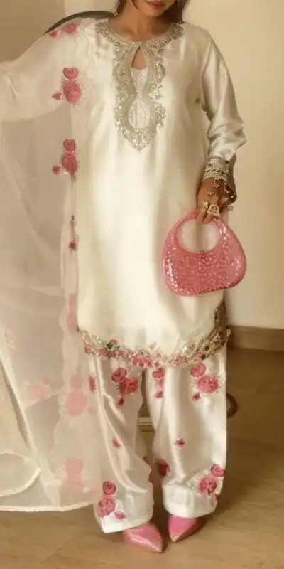 MD 3081 Off White Japan Satin Salwar Suit Perfect for Wedding, Party, Durga Puja, Traditional Day, Temple Visit – . Introductory Price ₹2549. Deli | Casual Suits, Jump Suits, Creative suits, Designer Suits, Palazzo Suits, Party Wear Suits, Patiala Suits, Salwar suit, Straight Suits