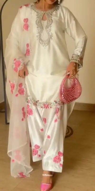 MD 3081 Off White Japan Satin Salwar Suit Perfect for Wedding, Party, Durga Puja, Traditional Day, Temple Visit – . Introductory Price ₹2549. Deli | Casual Suits, Jump Suits, Creative suits, Designer Suits, Palazzo Suits, Party Wear Suits, Patiala Suits, Salwar suit, Straight Suits