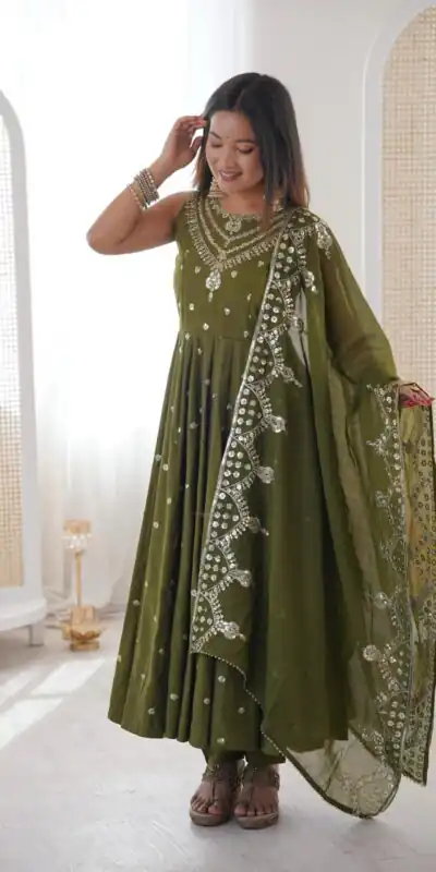 JF 038 Mehendi Roman Silk Gown with Embroidery Work. Wedding, Party, Festive, Events, Navratri, Exclusive Offer ₹2149. Delivery 4-6 Working Days. Shop now. | Bollywood Gowns, Creative Gowns, Designer Gowns, Embroidered Gowns, Gowns, Party Wear Gowns