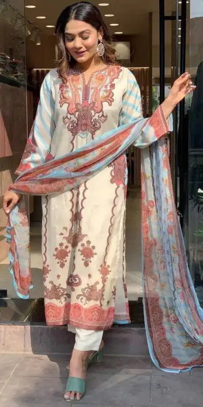 DC G24 Off White in Maslin Digital Print Salwar Suit . Wedding, Party, Festive, Events, Introductory Price ₹1649. Delivery 4-6 Working Days. Shop now. | Casual Suits, Jump Suits, Creative suits, Designer Suits, Palazzo Suits, Party Wear Suits, Patiala Suits, Salwar suit, Straight Suits
