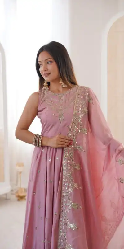 JF 038 Pink Roman Silk Gown with Embroidery Work. Wedding, Party, Festive, Events, Navratri, Exclusive Offer ₹2149. Delivery 4-6 Working Days. Shop now. | Bollywood Gowns, Creative Gowns, Designer Gowns, Embroidered Gowns, Gowns, Party Wear Gowns
