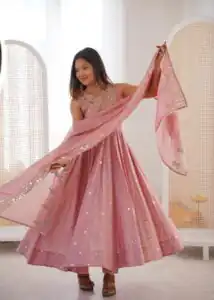 JF 038 Pink Roman Silk Gown with Embroidery Work. Wedding, Party, Festive, Events, Navratri, Exclusive Offer ₹2149. Delivery 4-6 Working Days. Shop now. | Bollywood Gowns, Creative Gowns, Designer Gowns, Embroidered Gowns, Gowns, Party Wear Gowns