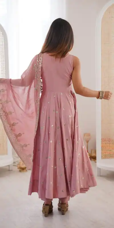 JF 038 Pink Roman Silk Gown with Embroidery Work. Wedding, Party, Festive, Events, Navratri, Exclusive Offer ₹2149. Delivery 4-6 Working Days. Shop now. | Bollywood Gowns, Creative Gowns, Designer Gowns, Embroidered Gowns, Gowns, Party Wear Gowns