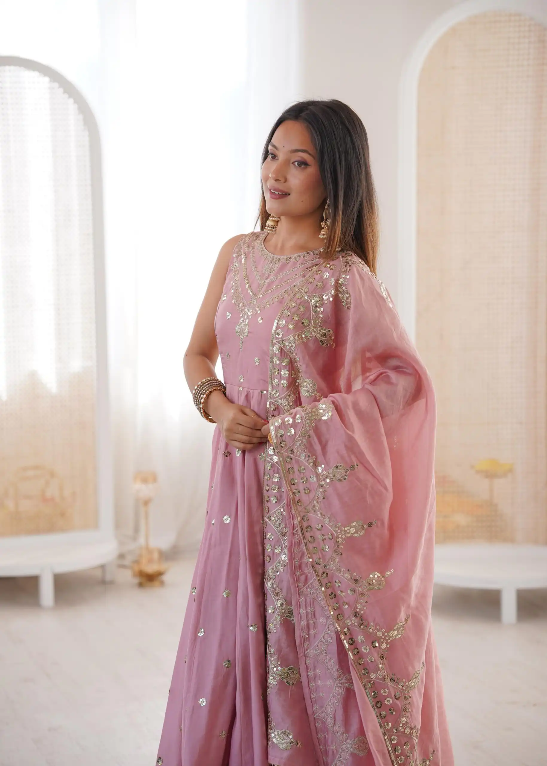 JF 038 Pink Roman Silk Gown with Embroidery Work. Wedding, Party, Festive, Events, Navratri, Exclusive Offer ₹2149. Delivery 4-6 Working Days. Shop now. | Bollywood Gowns, Creative Gowns, Designer Gowns, Embroidered Gowns, Gowns, Party Wear Gowns