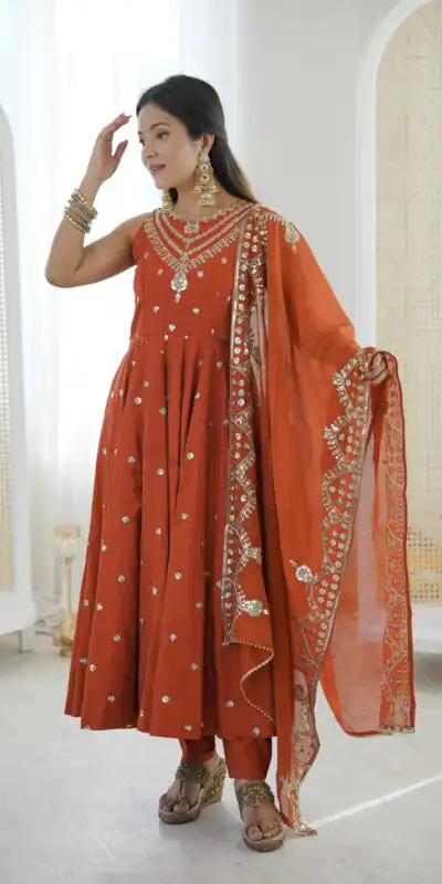 JF 038 Rust Roman Silk Gown with Embroidery Work. Wedding, Party, Festive, Events, Navratri, Exclusive Offer ₹2149. Delivery 4-6 Working Days. Shop now. | Bollywood Gowns, Creative Gowns, Designer Gowns, Embroidered Gowns, Gowns, Party Wear Gowns