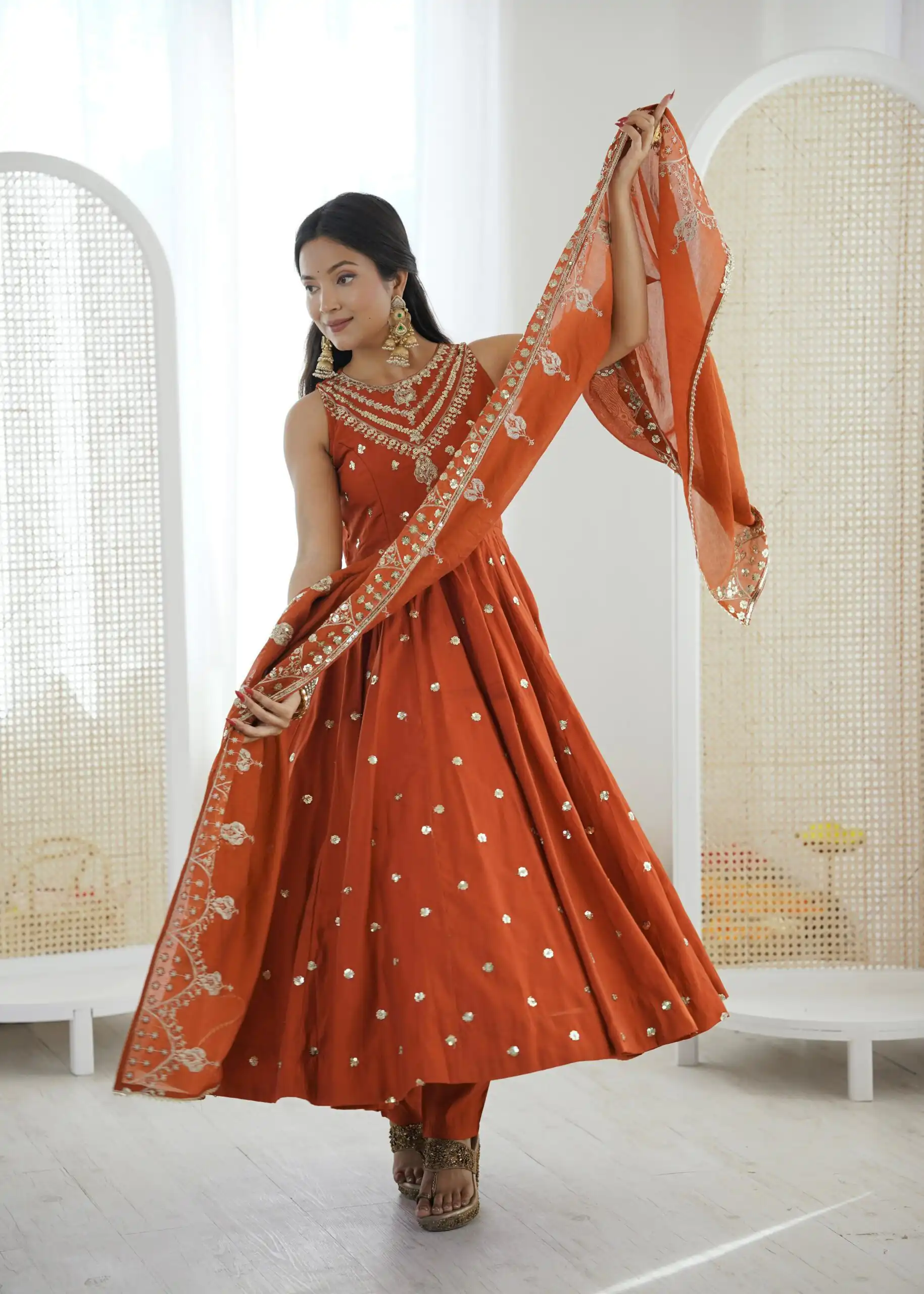 JF 038 Rust Roman Silk Gown with Embroidery Work. Wedding, Party, Festive, Events, Navratri, Exclusive Offer ₹2149. Delivery 4-6 Working Days. Shop now. | Bollywood Gowns, Creative Gowns, Designer Gowns, Embroidered Gowns, Gowns, Party Wear Gowns