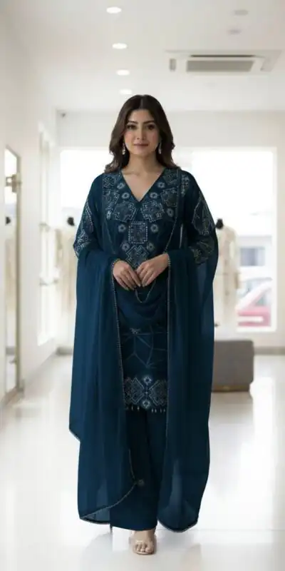 LG 2063 Navy Blue Faux Georgette Salwar Suit with Sequins Work & Embroidery Work. Introductory Price ₹2149. Delivery 4-6 Working Days. Shop now. | Casual Suits, Jump Suits, Creative suits, Designer Suits, Palazzo Suits, Party Wear Suits, Patiala Suits, Salwar suit, Straight Suits