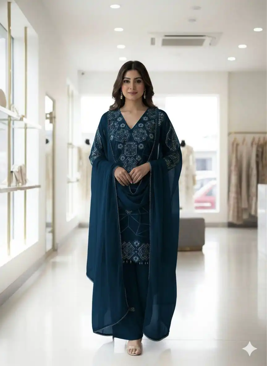 LG 2063 Navy Blue Faux Georgette Salwar Suit with Sequins Work & Embroidery Work. Introductory Price ₹2149. Delivery 4-6 Working Days. Shop now. | Casual Suits, Jump Suits, Creative suits, Designer Suits, Palazzo Suits, Party Wear Suits, Patiala Suits, Salwar suit, Straight Suits