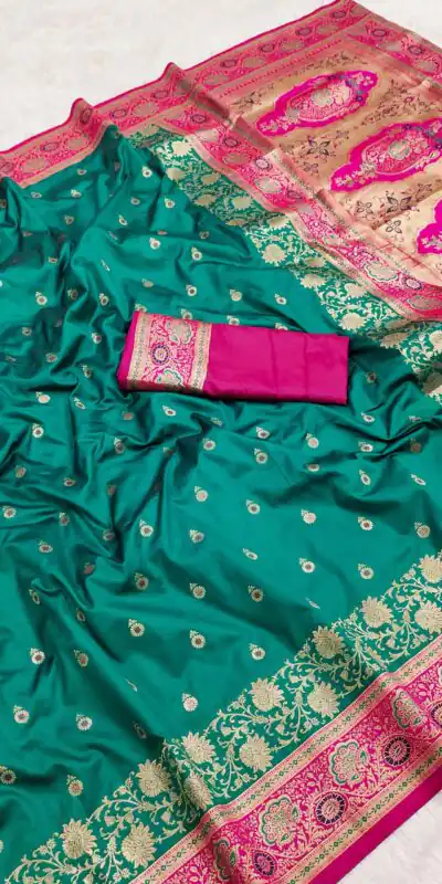 Firozi Banarasi Silk Gold Zari Border Saree