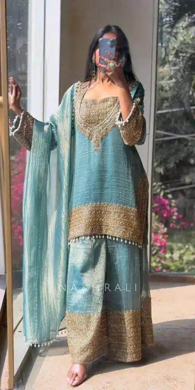 Firozi Fendy Silk Border Lace Work Salwar Suit
