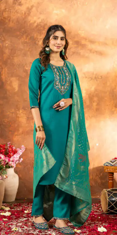 DIVA 103 Firozi Marina Silk Salwar Suit with Embroidery Work. Introductory Price ₹2049. Delivery 4-6 Working Days. Shop now. | Casual Suits, Jump Suits, Creative suits, Designer Suits, Palazzo Suits, Party Wear Suits, Patiala Suits, Salwar suit, Straight Suits