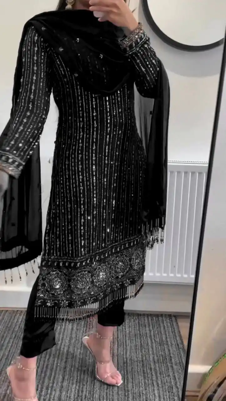 RTC 5716 Black  Color Foix Georgette Thread Sequence Work Salwar Suit Wedding, Party, Festive, Events Etc. Expected Delivery 4-6 Working Days @2099/- | Casual Suits, Jump Suits, Creative suits, Designer Suits, Palazzo Suits, Party Wear Suits, Patiala Suits, Salwar suit, Straight Suits