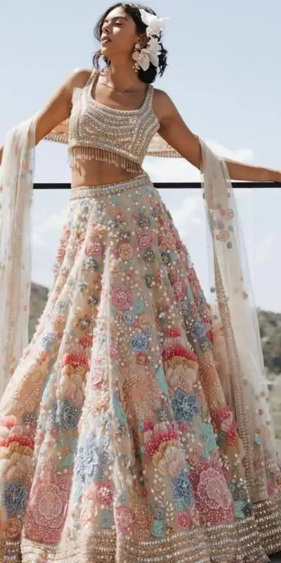 KF 1432 Cream | Color Georgette Lehenga Choli with Embroidery Work. Available at ₹3099 only. Delivery 4-6 Working Days. Shop now. | Bollywood Lehenga, Creative Lehenga, Designer Lehenga, Embroidered Lehenga, Lehenga, Party Wear Lehenga