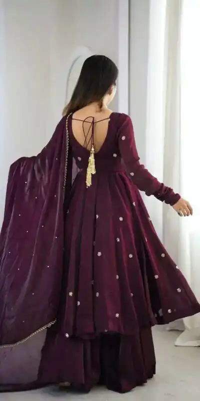 ZF 5019 Wine Crunchy Silk Gown with Embroidery Work. Wedding, Party, Festive, Events Best Price ₹2149. Delivery 4-6 Working Days. Shop now. | Bollywood Gowns, Creative Gowns, Designer Gowns, Embroidered Gowns, Gowns, Party Wear Gowns