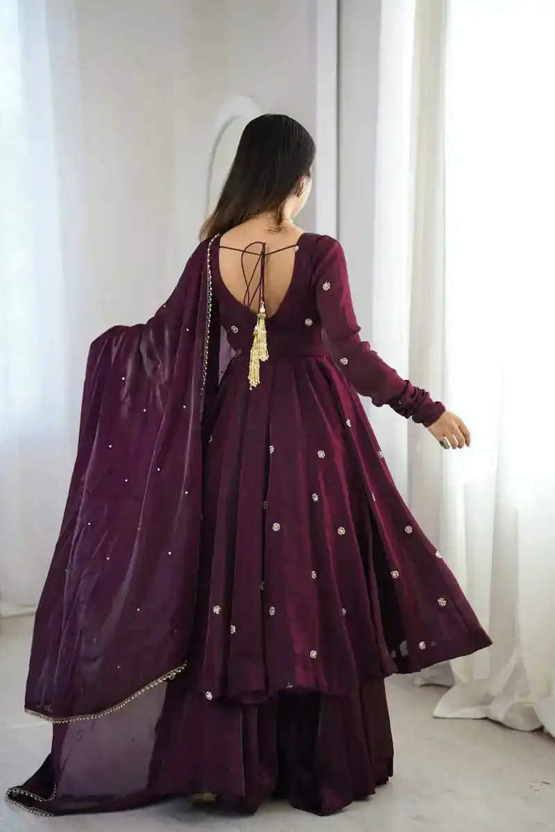 ZF 5019 Wine Crunchy Silk Gown with Embroidery Work. Wedding, Party, Festive, Events Best Price ₹2149. Delivery 4-6 Working Days. Shop now. | Bollywood Gowns, Creative Gowns, Designer Gowns, Embroidered Gowns, Gowns, Party Wear Gowns