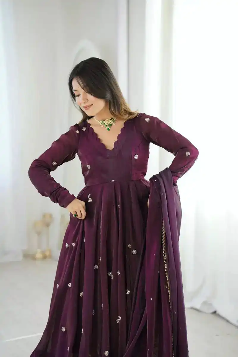 ZF 5019 Wine Crunchy Silk Gown with Embroidery Work. Wedding, Party, Festive, Events Best Price ₹2149. Delivery 4-6 Working Days. Shop now. | Bollywood Gowns, Creative Gowns, Designer Gowns, Embroidered Gowns, Gowns, Party Wear Gowns