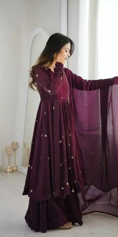 ZF 5019 Wine Crunchy Silk Gown with Embroidery Work. Wedding, Party, Festive, Events Best Price ₹2149. Delivery 4-6 Working Days. Shop now. | Bollywood Gowns, Creative Gowns, Designer Gowns, Embroidered Gowns, Gowns, Party Wear Gowns