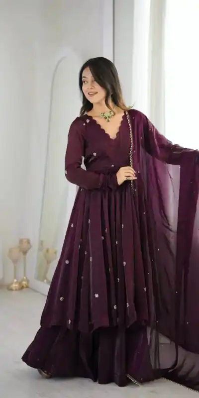ZF 5019 Wine Crunchy Silk Gown with Embroidery Work. Wedding, Party, Festive, Events Best Price ₹2149. Delivery 4-6 Working Days. Shop now. | Bollywood Gowns, Creative Gowns, Designer Gowns, Embroidered Gowns, Gowns, Party Wear Gowns