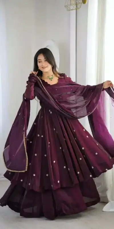 ZF 5019 Wine Crunchy Silk Gown with Embroidery Work. Wedding, Party, Festive, Events Best Price ₹2149. Delivery 4-6 Working Days. Shop now. | Bollywood Gowns, Creative Gowns, Designer Gowns, Embroidered Gowns, Gowns, Party Wear Gowns