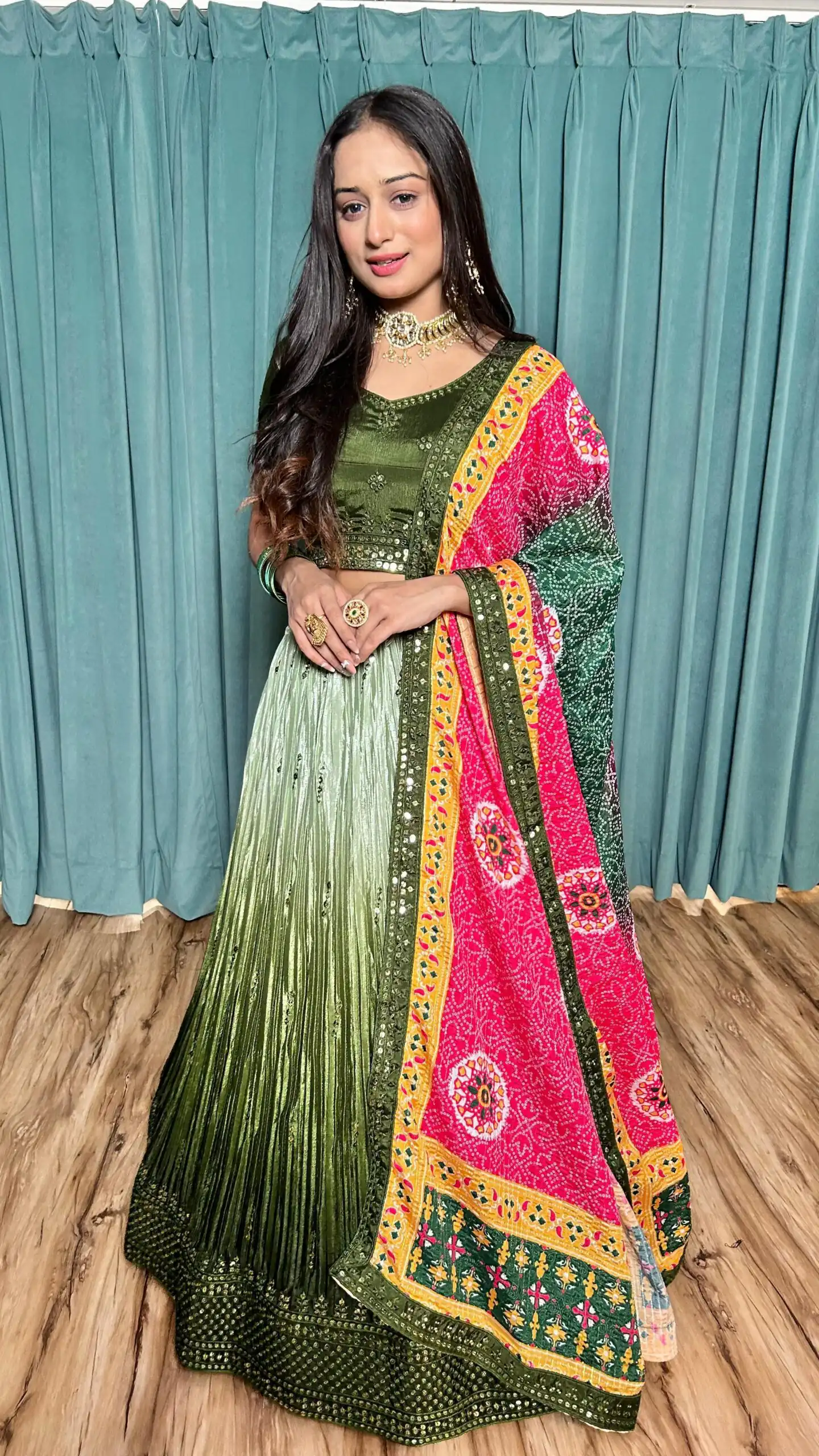 Green Chinon Silk Sequins Work Lehenga Choli - Image 4