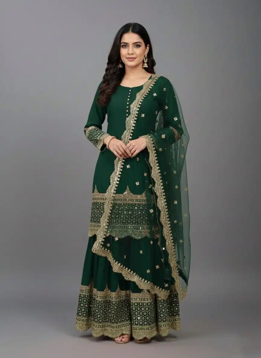 ZF 250 Green Color Faux Georgette Embroidery Sequence Work Sharara Suit Wedding, Party, Festive, Events Etc. Expected Delivery 4-6 Working Days @2099/- | Casual Suits, Jump Suits, Creative suits, Designer Suits, Palazzo Suits, Party Wear Suits, Patiala Suits, Salwar suit, Straight Suits