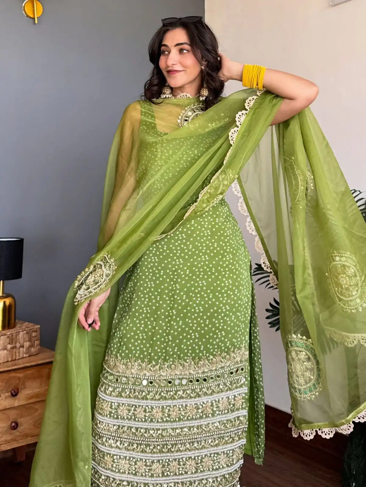 ST 1142 Green Faux Georgette Salwar Suit with Mirror Work & Embroidery Work. Introductory Price ₹2449. Delivery 4-6 Working Days. Shop now. | Casual Suits, Jump Suits, Creative suits, Designer Suits, Palazzo Suits, Party Wear Suits, Patiala Suits, Salwar suit, Straight Suits